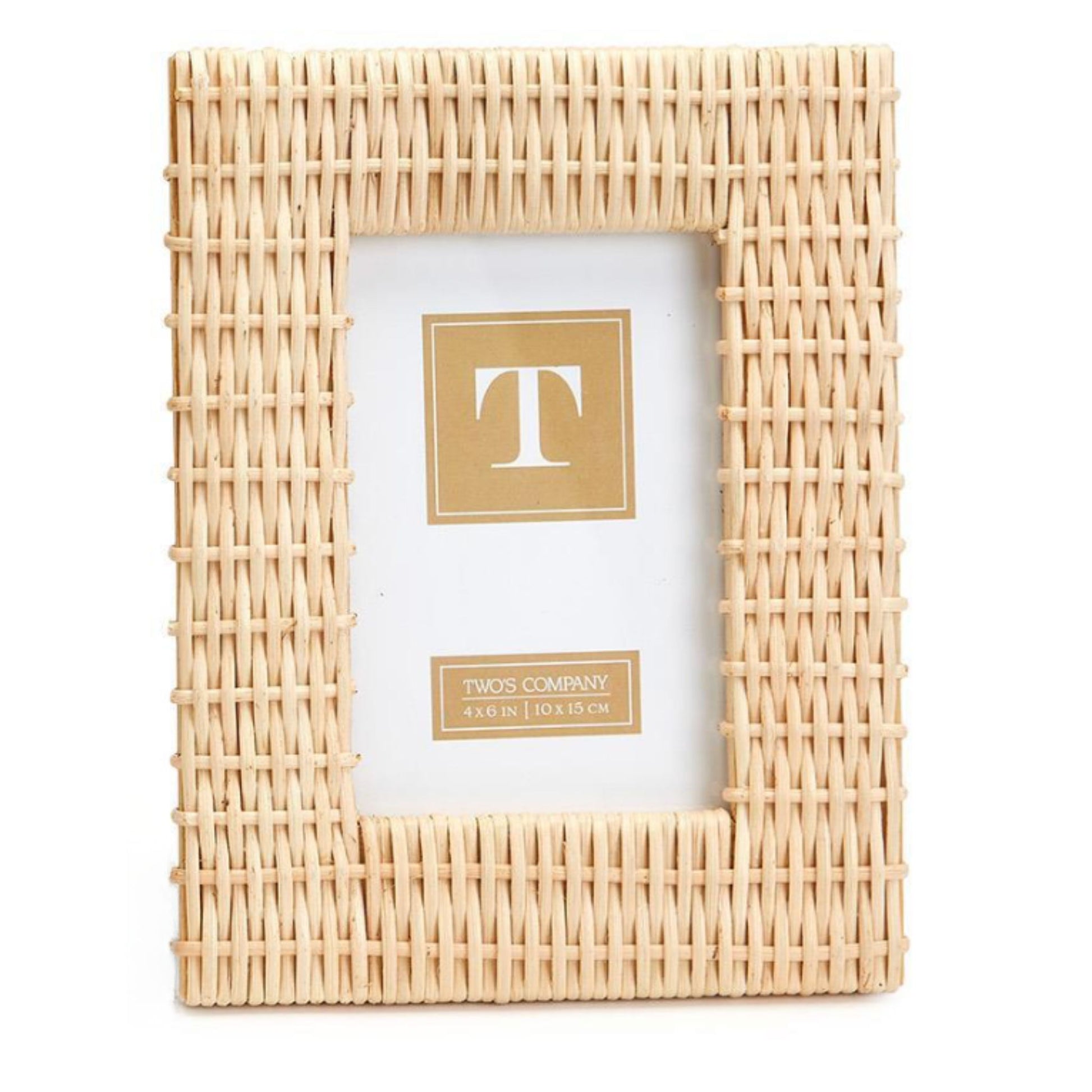 A criss-cross woven rattan photo frame in a natural finish, shown front-facing with a blank white insert.