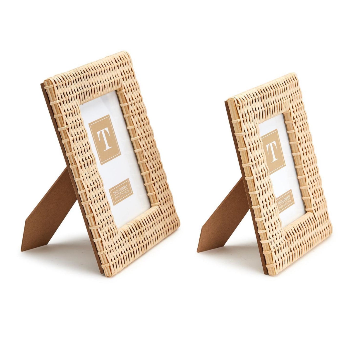 Side view of two criss-cross woven rattan photo frames propped up on their easel backs.