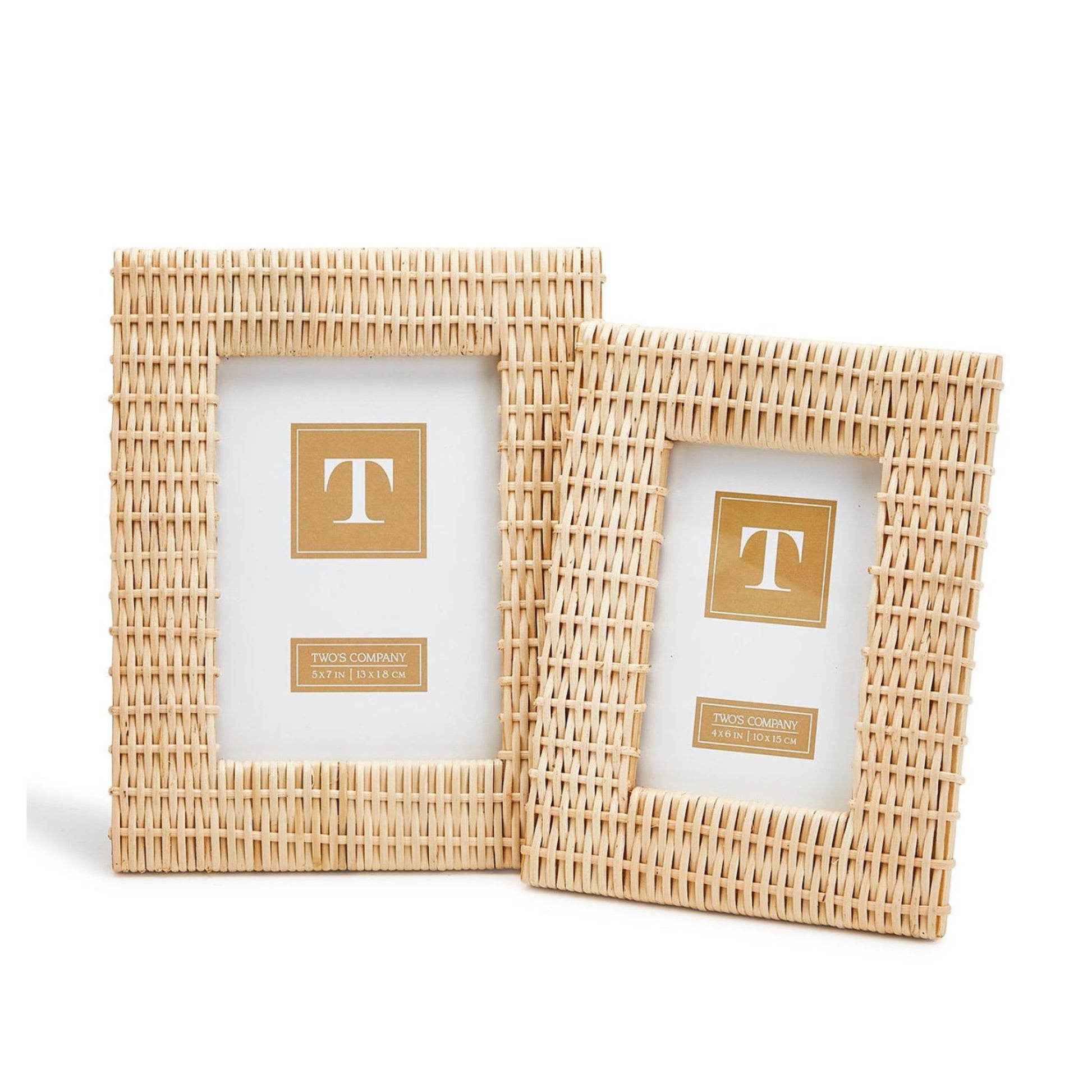 Two criss-cross woven rattan photo frames side by side, showing the 4x6 and 5x7 sizes together.