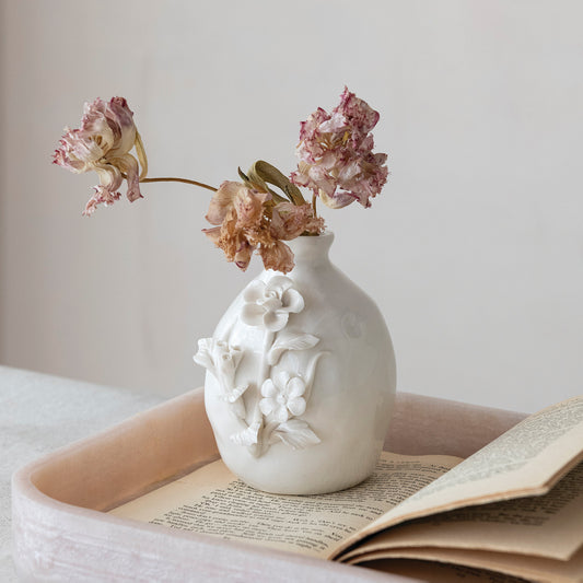 3D white stoneware flower vase, alternate view