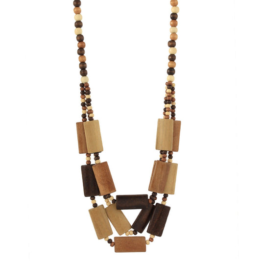3 Layered Wood Rectangle Necklace, wood and bead layered necklace