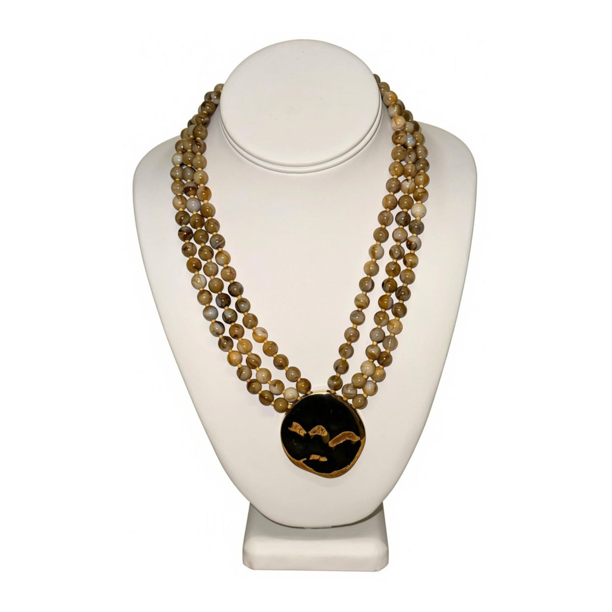 Layered Bead & Marble Necklace in natural marbled beads with gold medallion