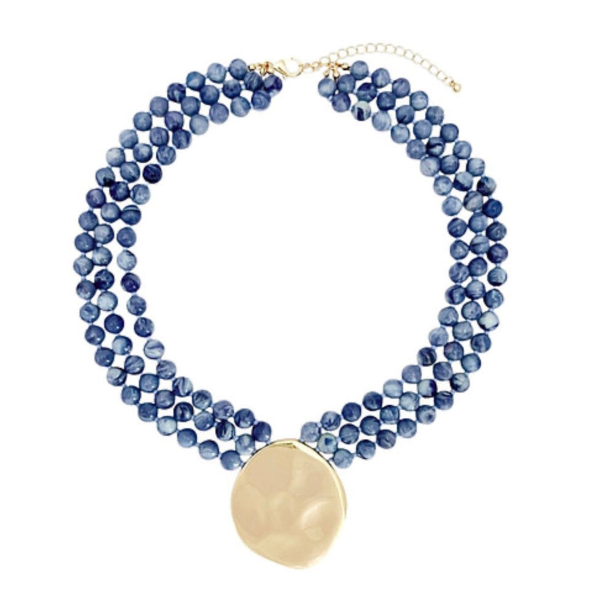 Layered Bead & Marble Necklace in blue marbled beads with gold medallion