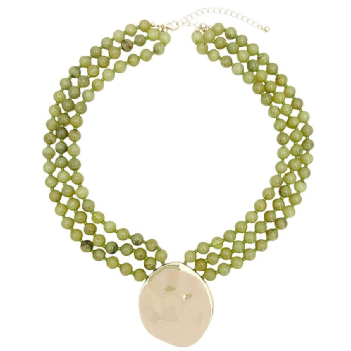 Layered Bead & Marble Necklace in olive marbled beads with gold medallion