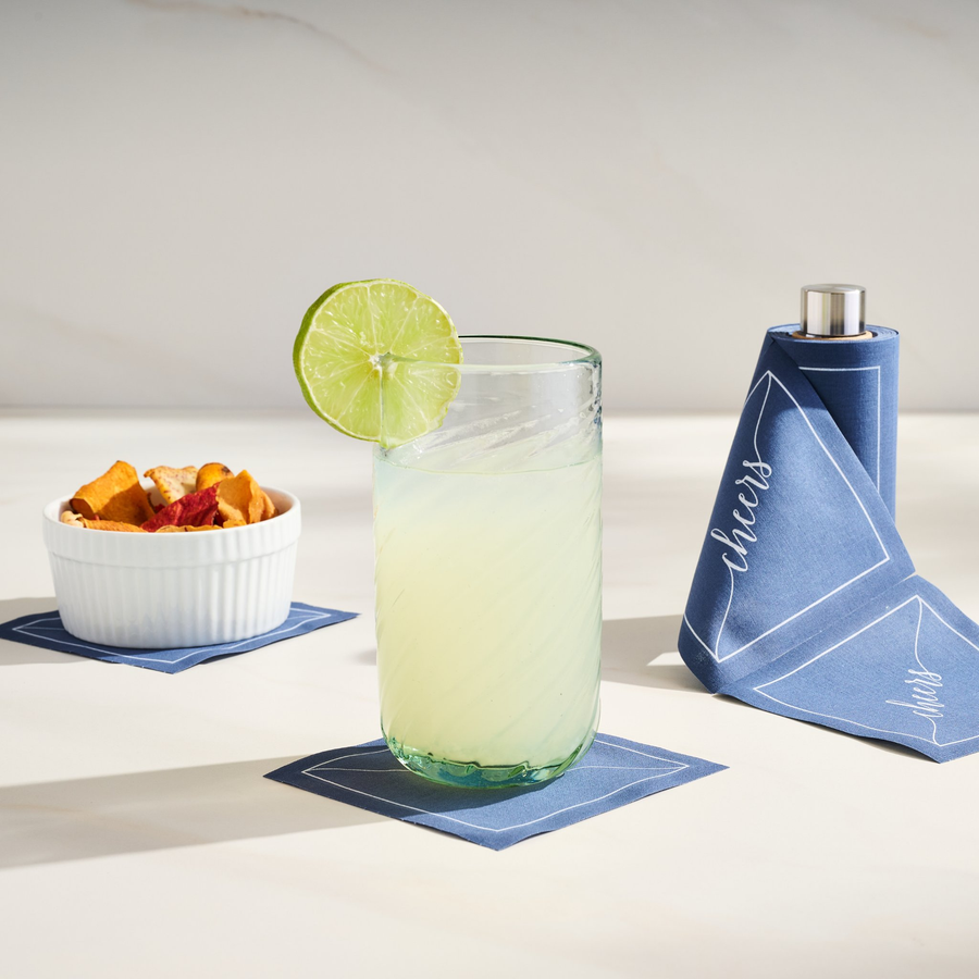 Luxury eco-friendly cotton cocktail napkins, roll styled with drinks