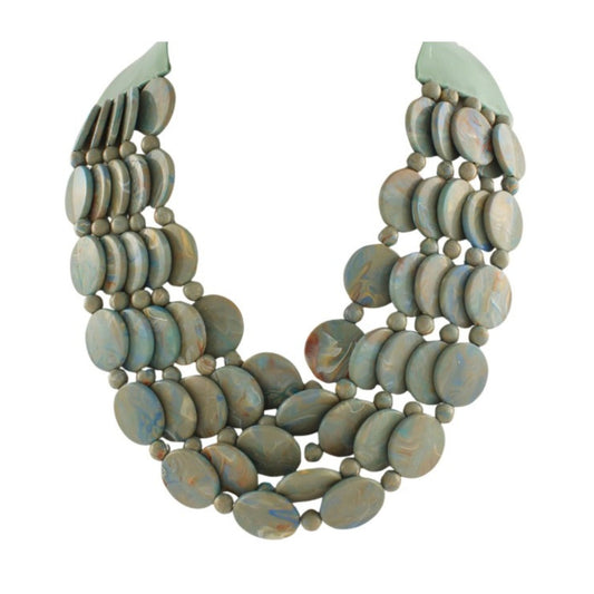 5 Row Marble Disk Beaded Statement Necklace in sage marbled disk beads, five-row layered design