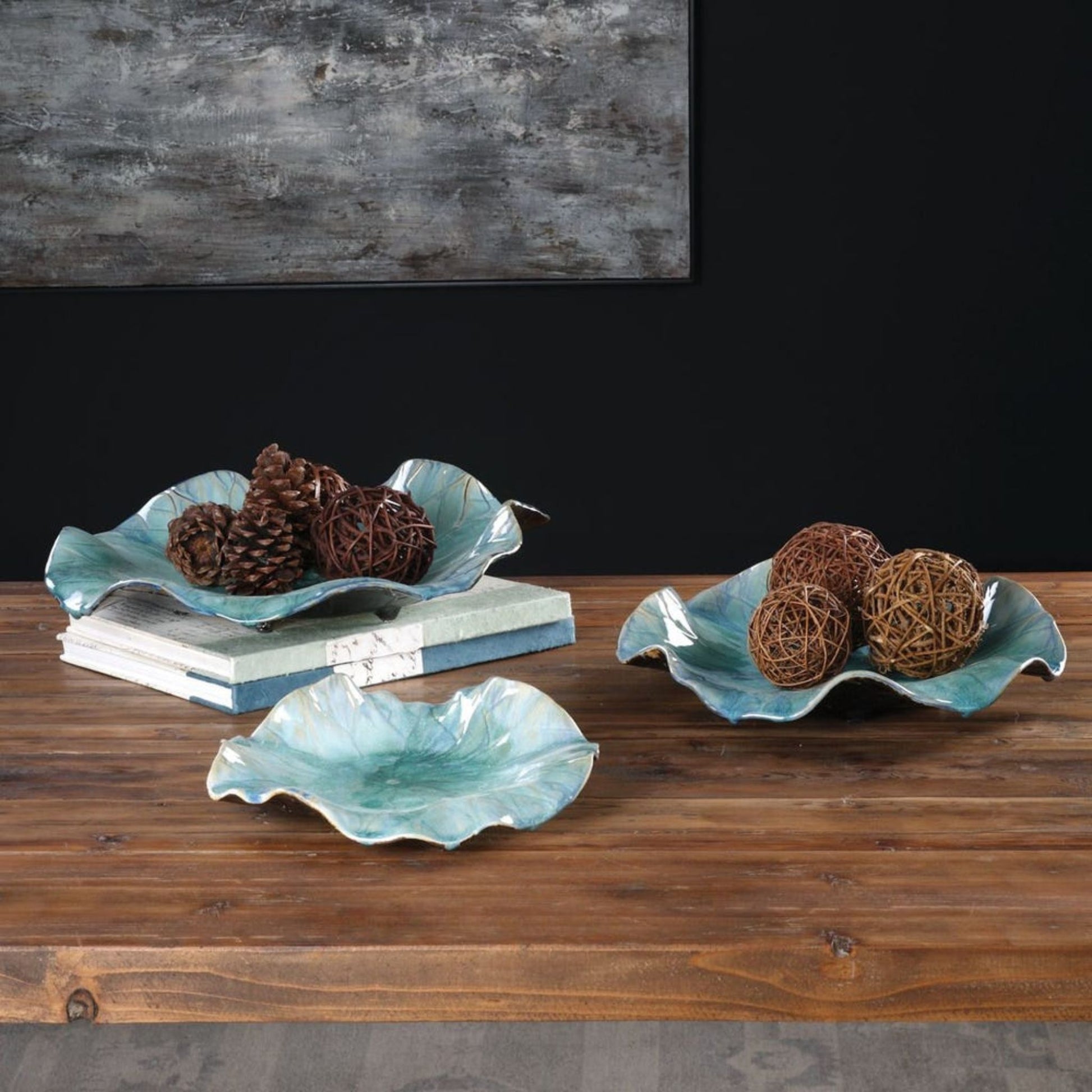 Abella Ceramic Indoor-Outdoor Wall Decor, Set of 3, in Caribbean aqua, full set view
