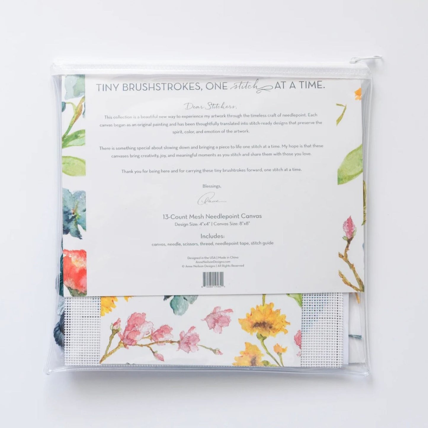 Back of the Abide Floral Beginner Needlepoint Kit packaging.