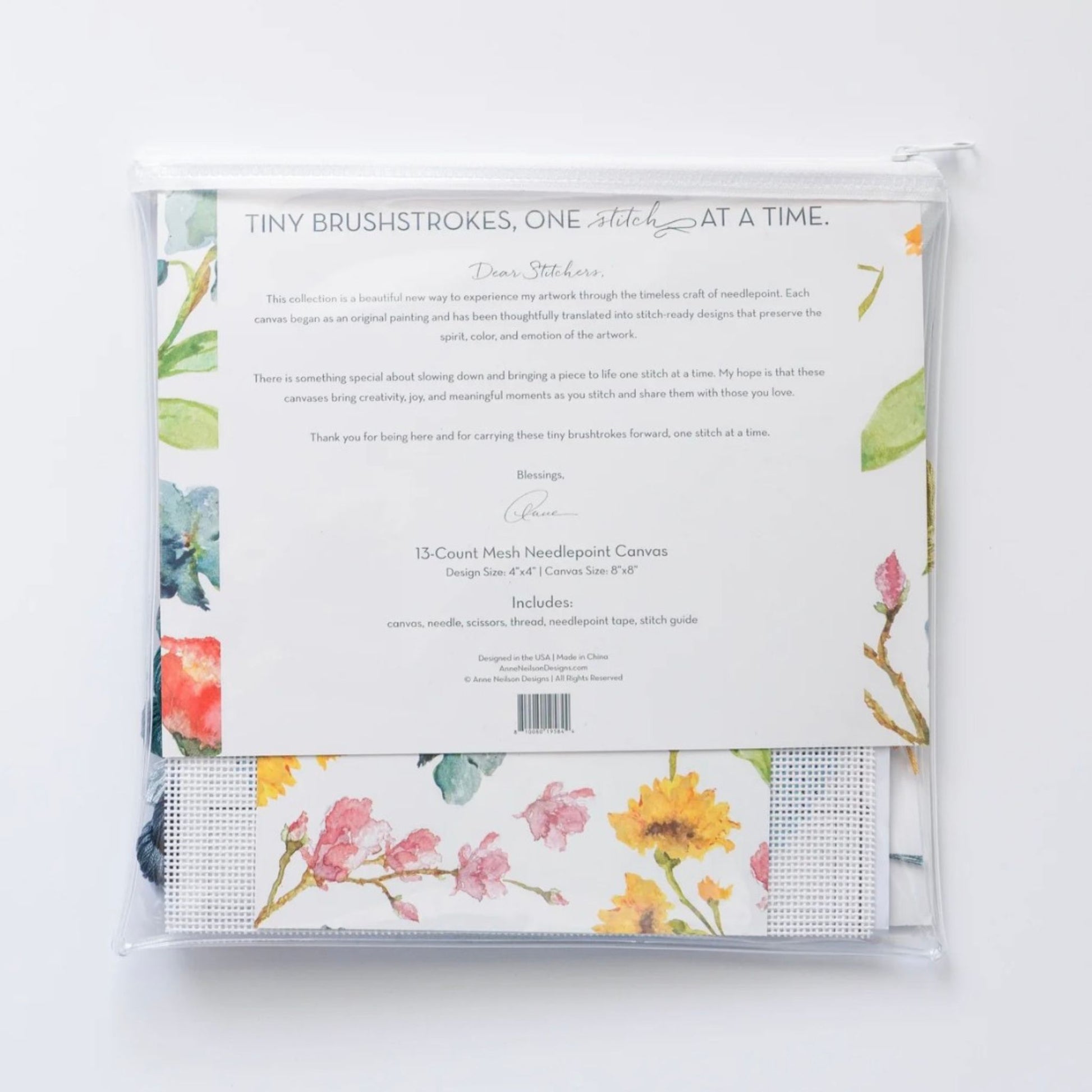 Back of the Abide Floral Beginner Needlepoint Kit packaging.