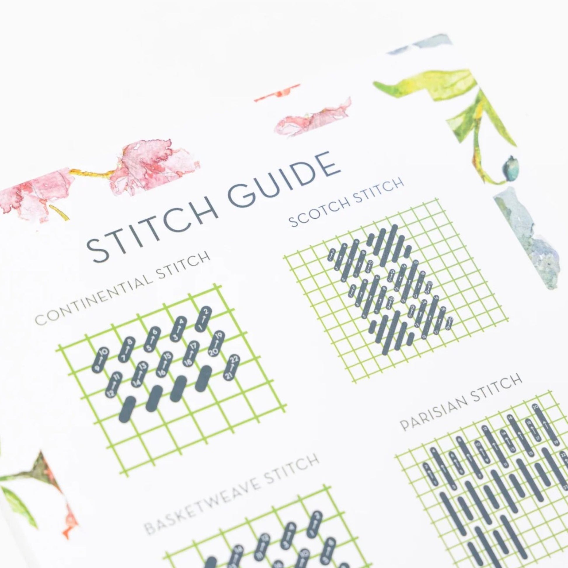 Abide Floral Beginner Needlepoint Kit, included stitch guide.