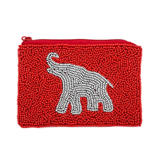 An elephant-shaped coin pouch hand-beaded in Alabama crimson and white, red elephant design.