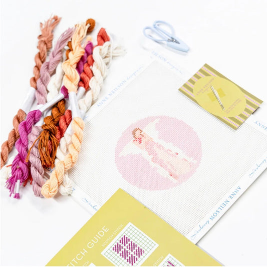 Pink Angel Beginner Needlepoint Kit styled in a lifestyle setting.