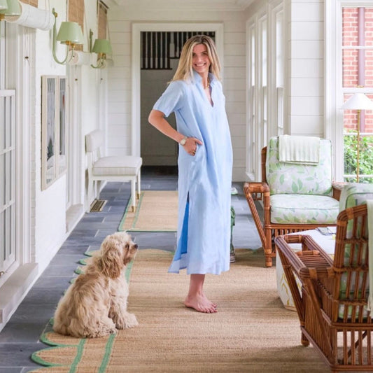 Anna Maxi Dress in light blue linen, detail view