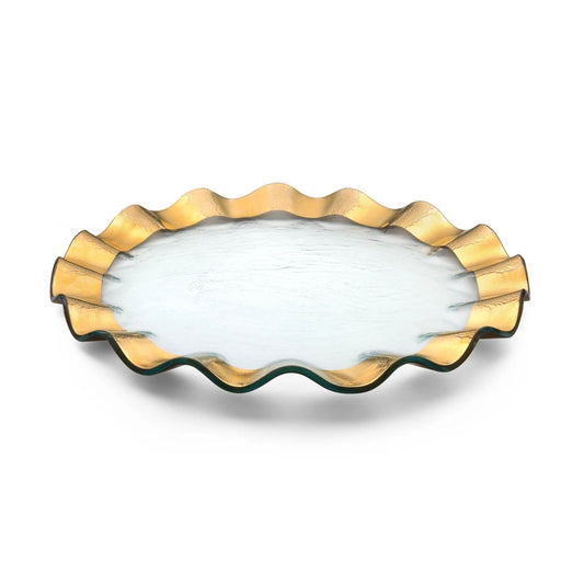 Ruffled glass buffet plate with a scalloped edge and metallic gold rim