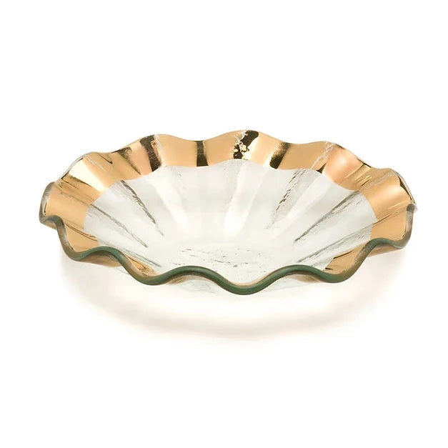 A scalloped-edge glass dish with a metallic gold rim, photographed on a clean white background.