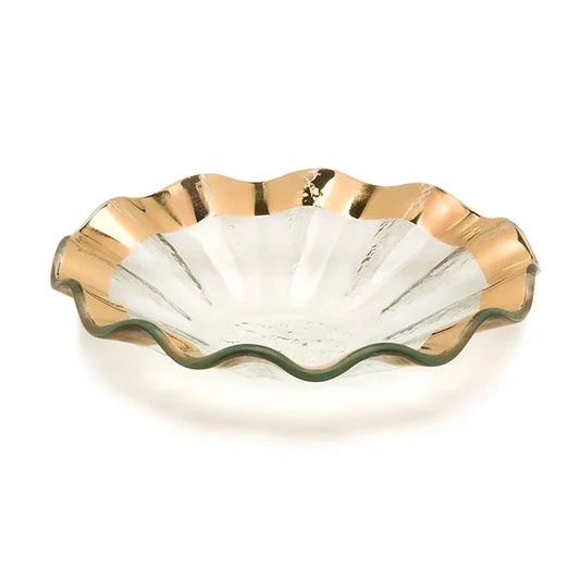 A scalloped-edge glass dish with a metallic gold rim, photographed on a clean white background.