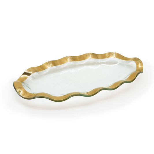 Oval ruffled glass tray with a scalloped edge and metallic gold rim