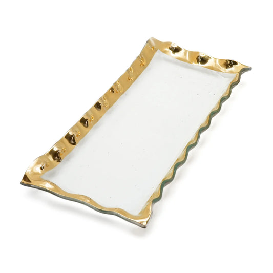 Rectangular ruffled glass tray with a scalloped edge and metallic gold rim