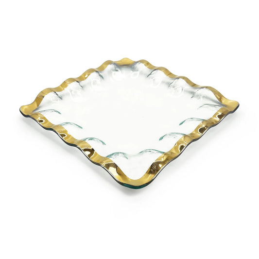 Square ruffled glass server with a scalloped edge and metallic gold rim