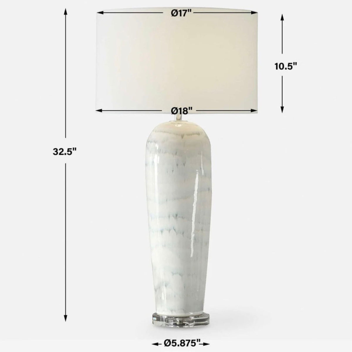 Arden white and smoky blue glazed ceramic table lamp, dimensions diagram