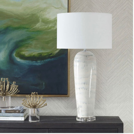 Arden white and smoky blue glazed ceramic table lamp, front view
