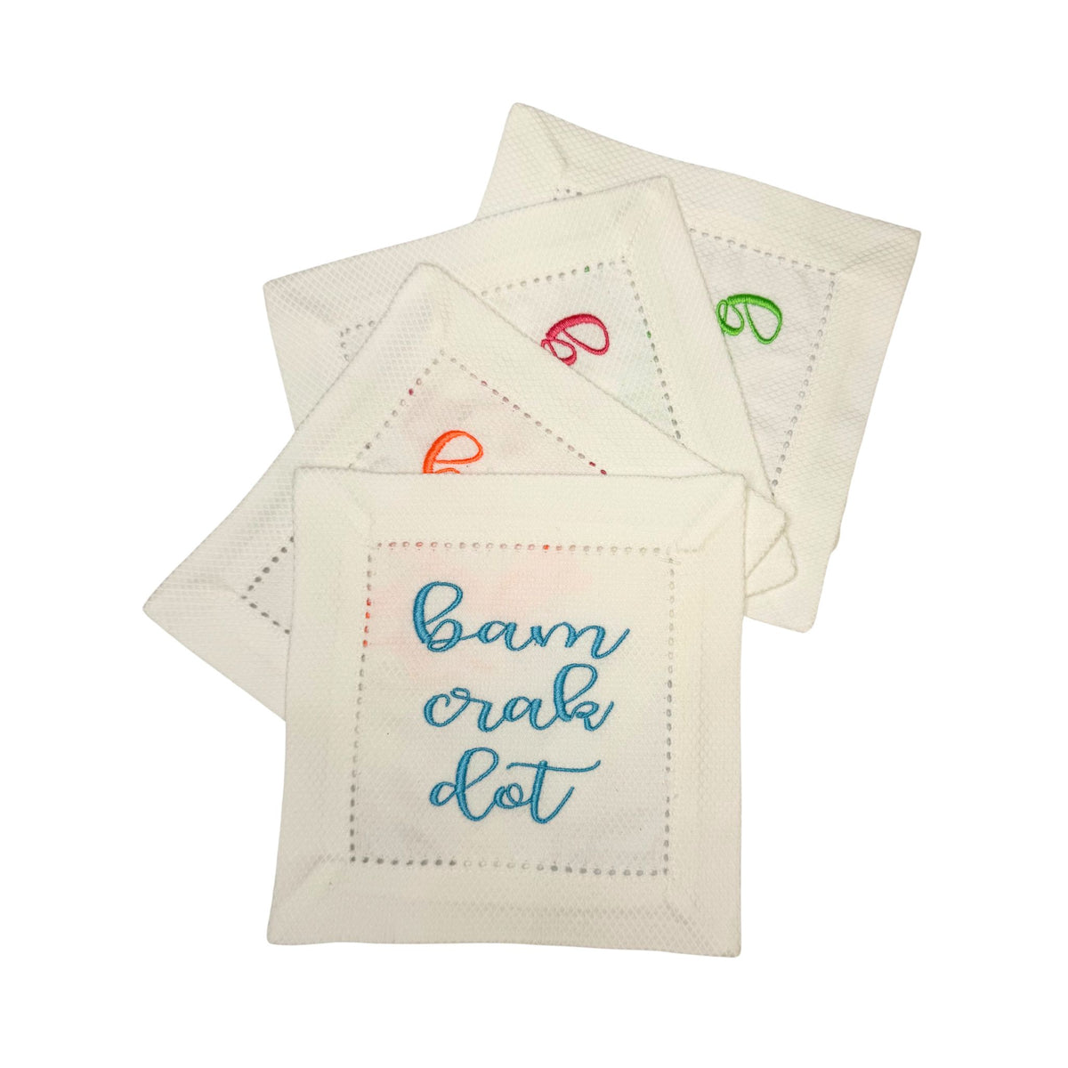 Mahjong embroidered cocktail napkins, Bam Crak Dot design