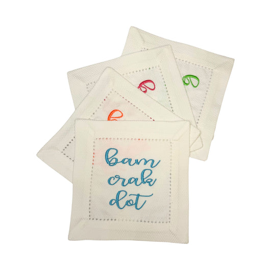 Mahjong embroidered cocktail napkins, Bam Crak Dot design