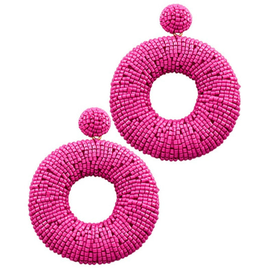 Beaded Circle Drop Earrings in pink, open circle wrapped in seed beads