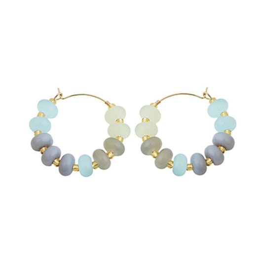 Beaded Hoop Earrings in multicolor glass beads, blue and green tones
