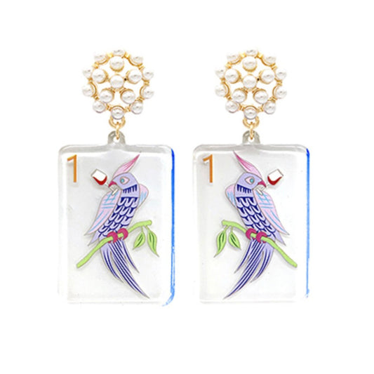Bird Bam Earrings, mahjong bird bam tile print drop earring