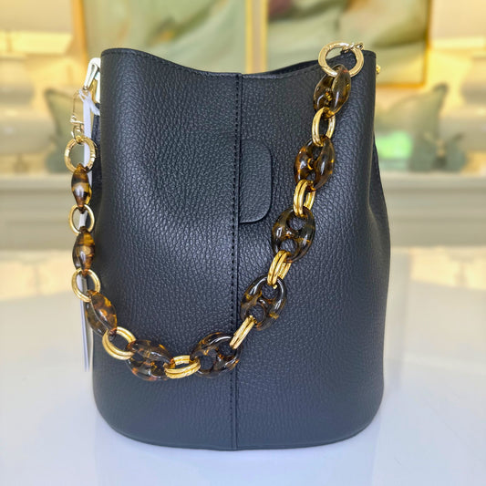 Black Leather Bucket Bag with Tortoise Handle