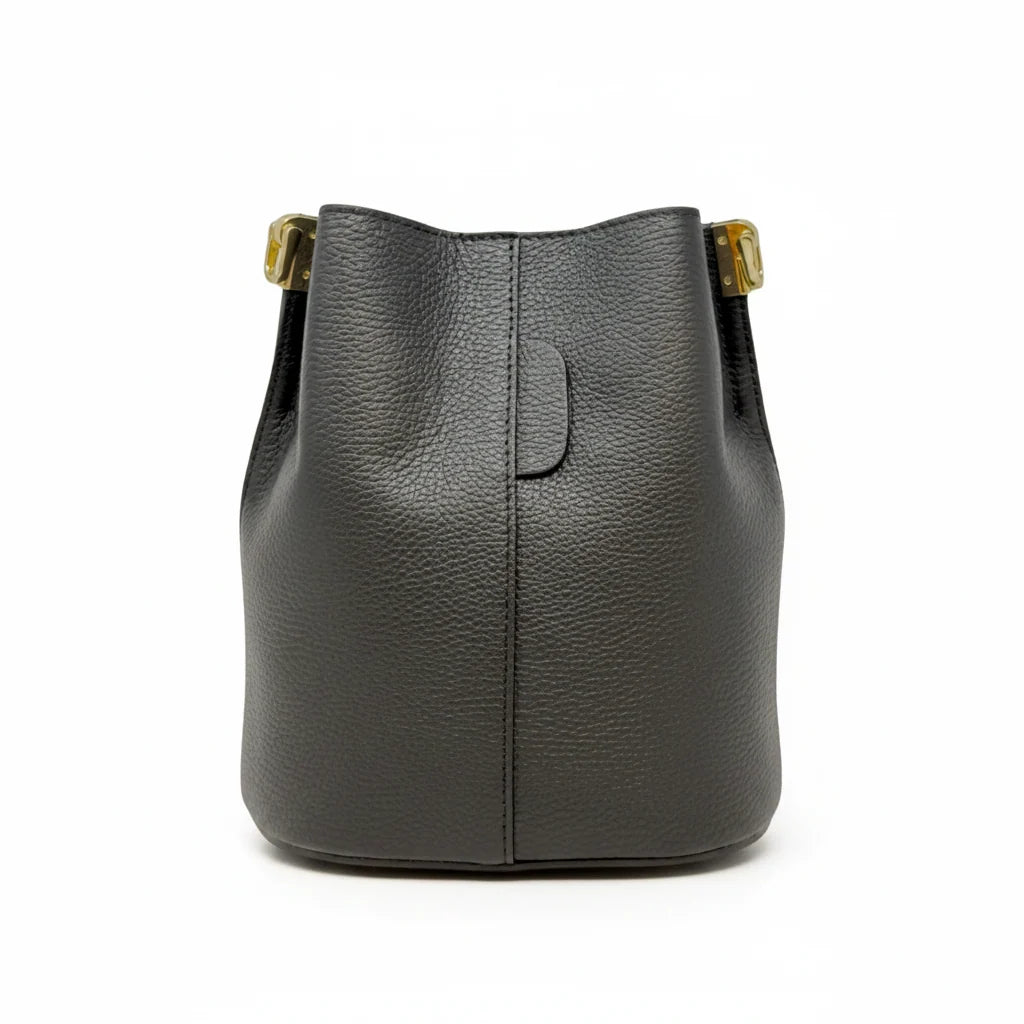 Black Leather Bucket Bag with Tortoise Handle, alternate view