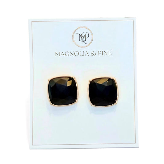 Faceted black stone square stud earrings with gold rim