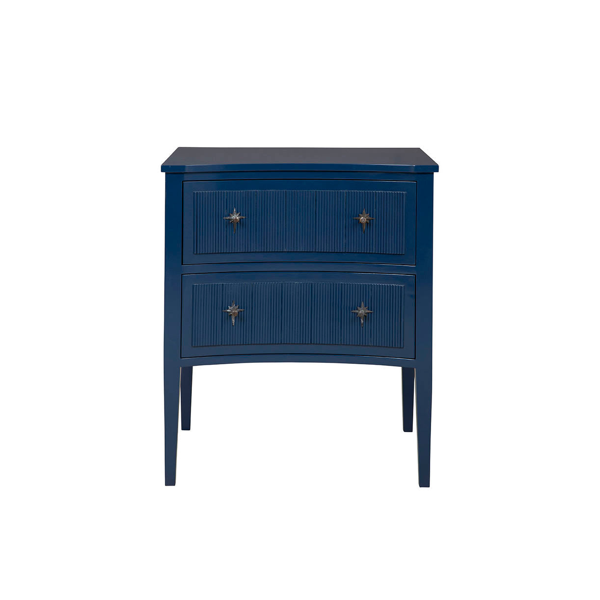 Blue Constellation Chest, aged white two-drawer chest with reeded detail, front view