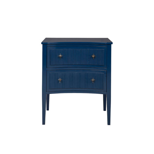 Blue Constellation Chest, aged white two-drawer chest with reeded detail, front view