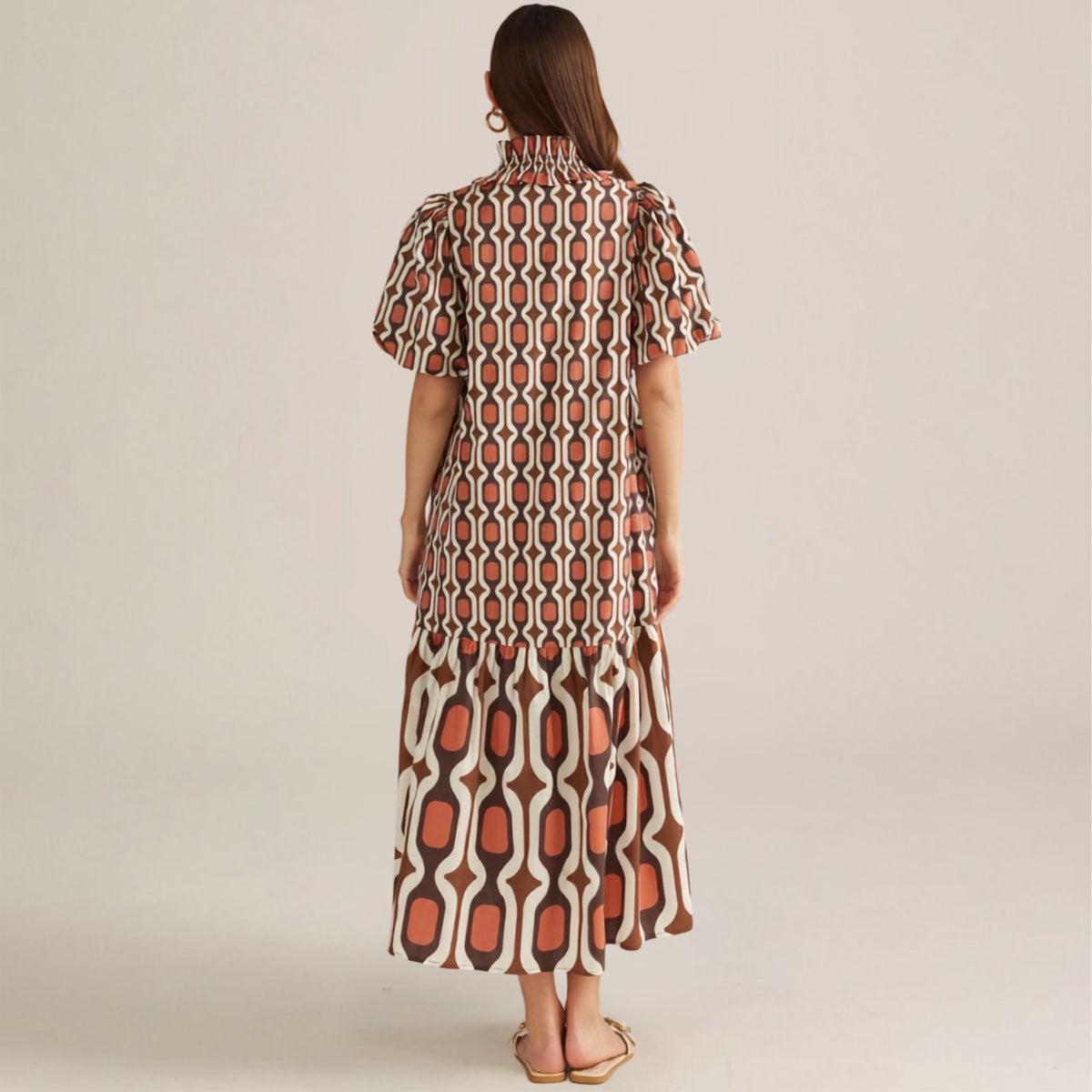 Brown & Cream Geometric Print Puff Sleeve Midi