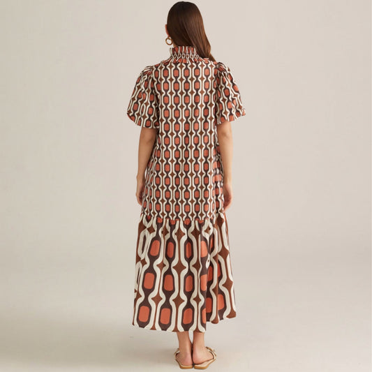 Brown & Cream Geometric Print Puff Sleeve Midi