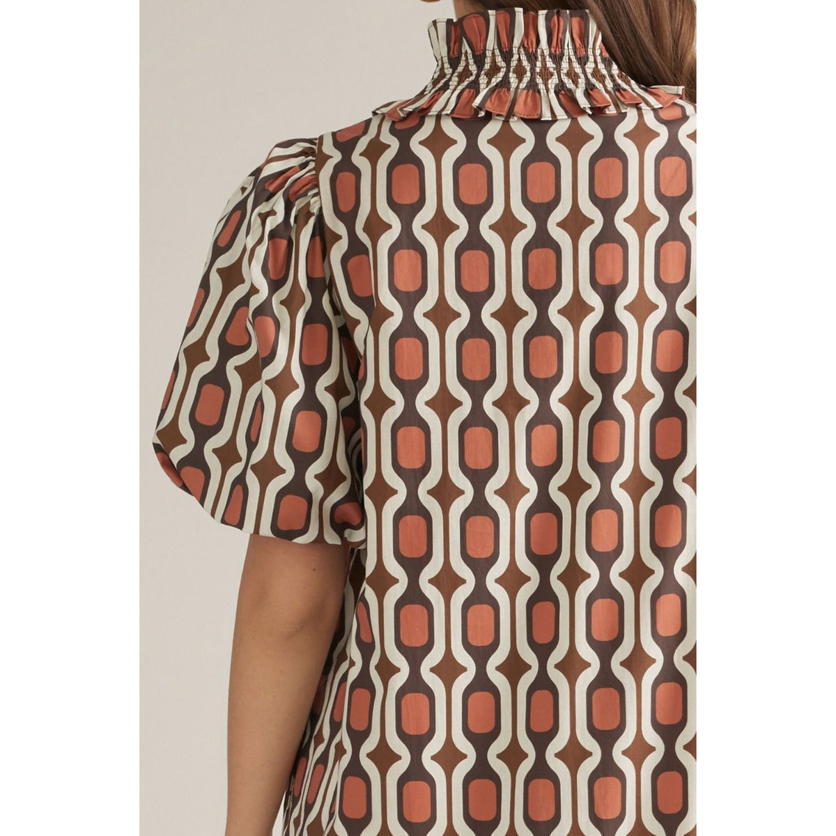 Brown & Cream Geometric Print Puff Sleeve Midi