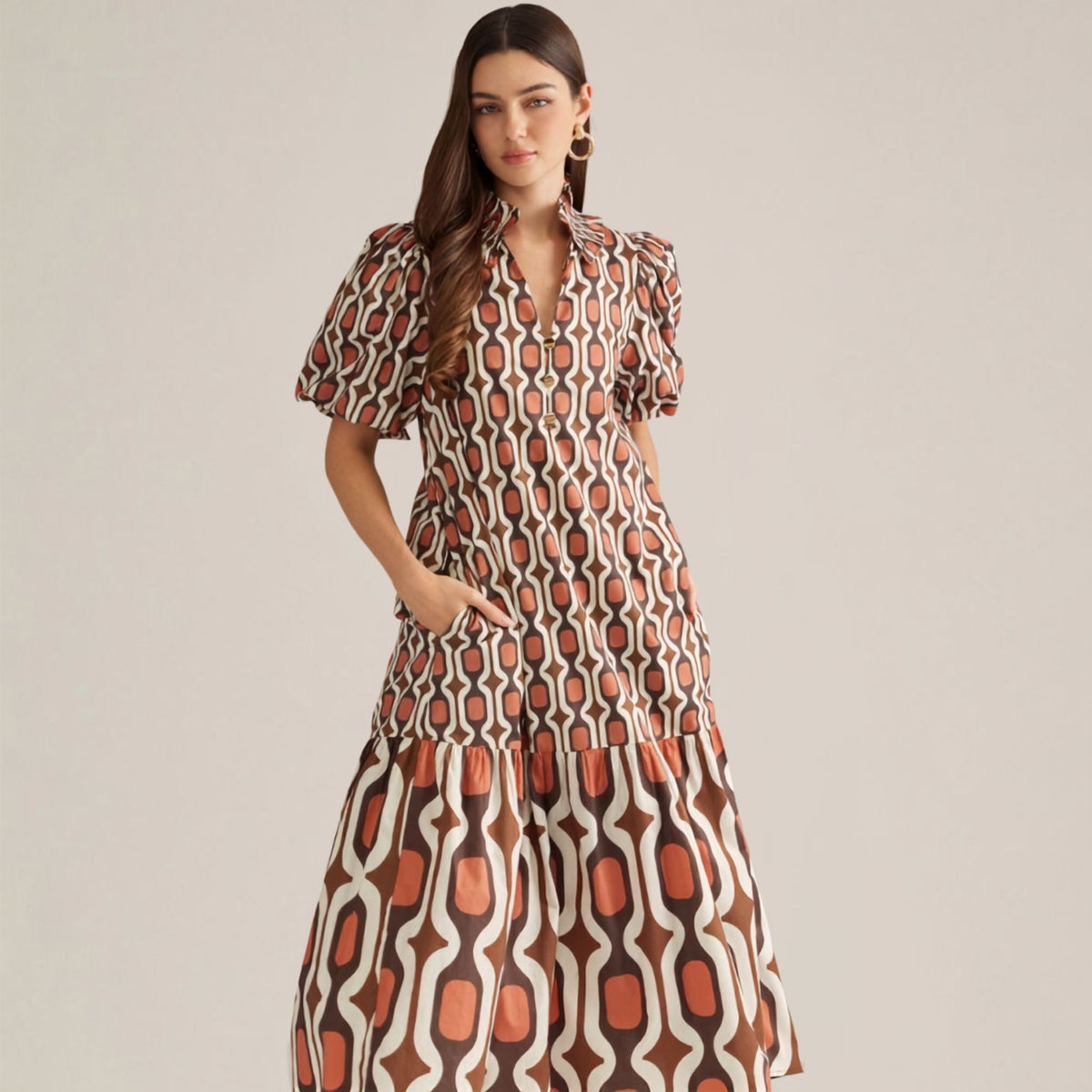Brown & Cream Geometric Print Puff Sleeve Midi