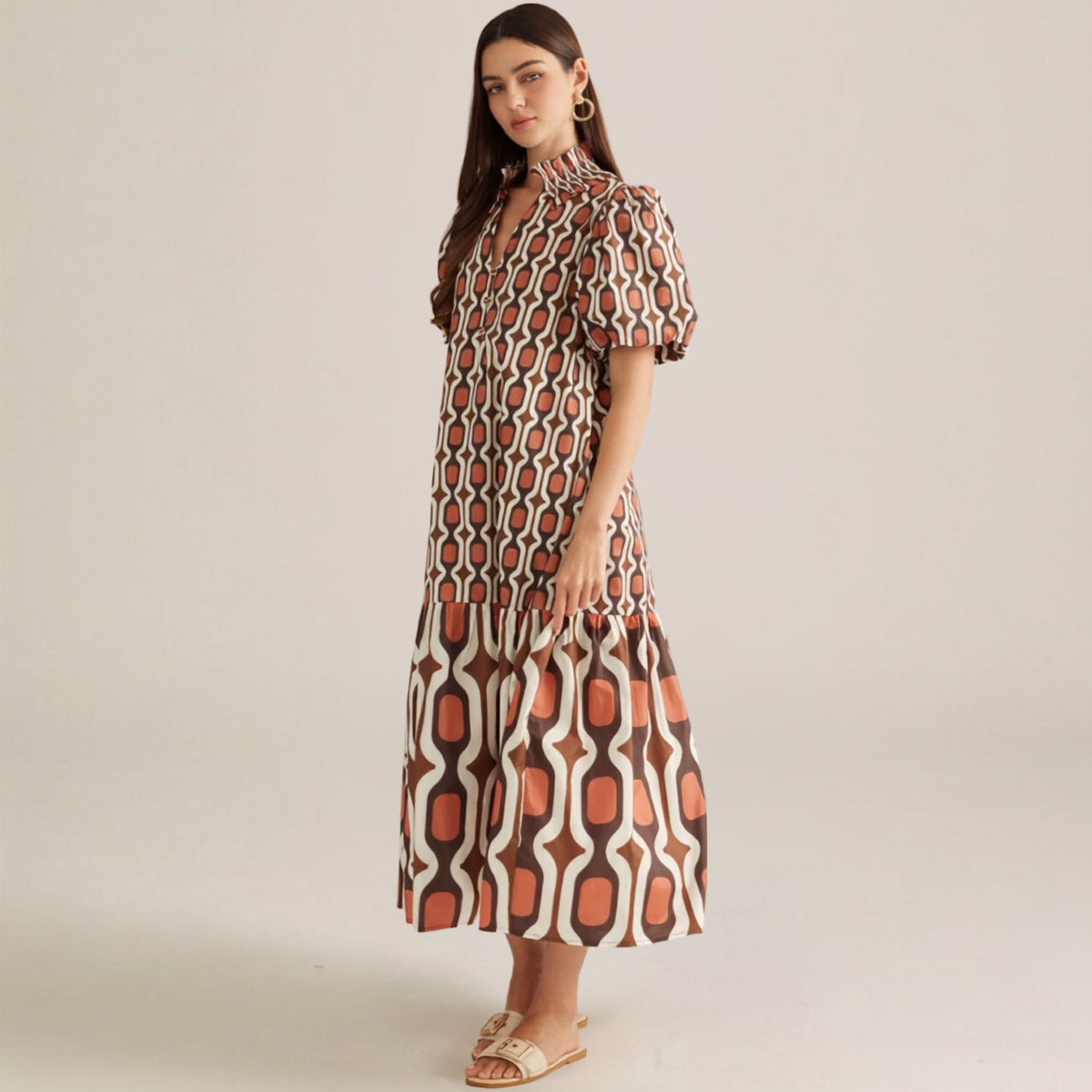 Brown & Cream Geometric Print Puff Sleeve Midi