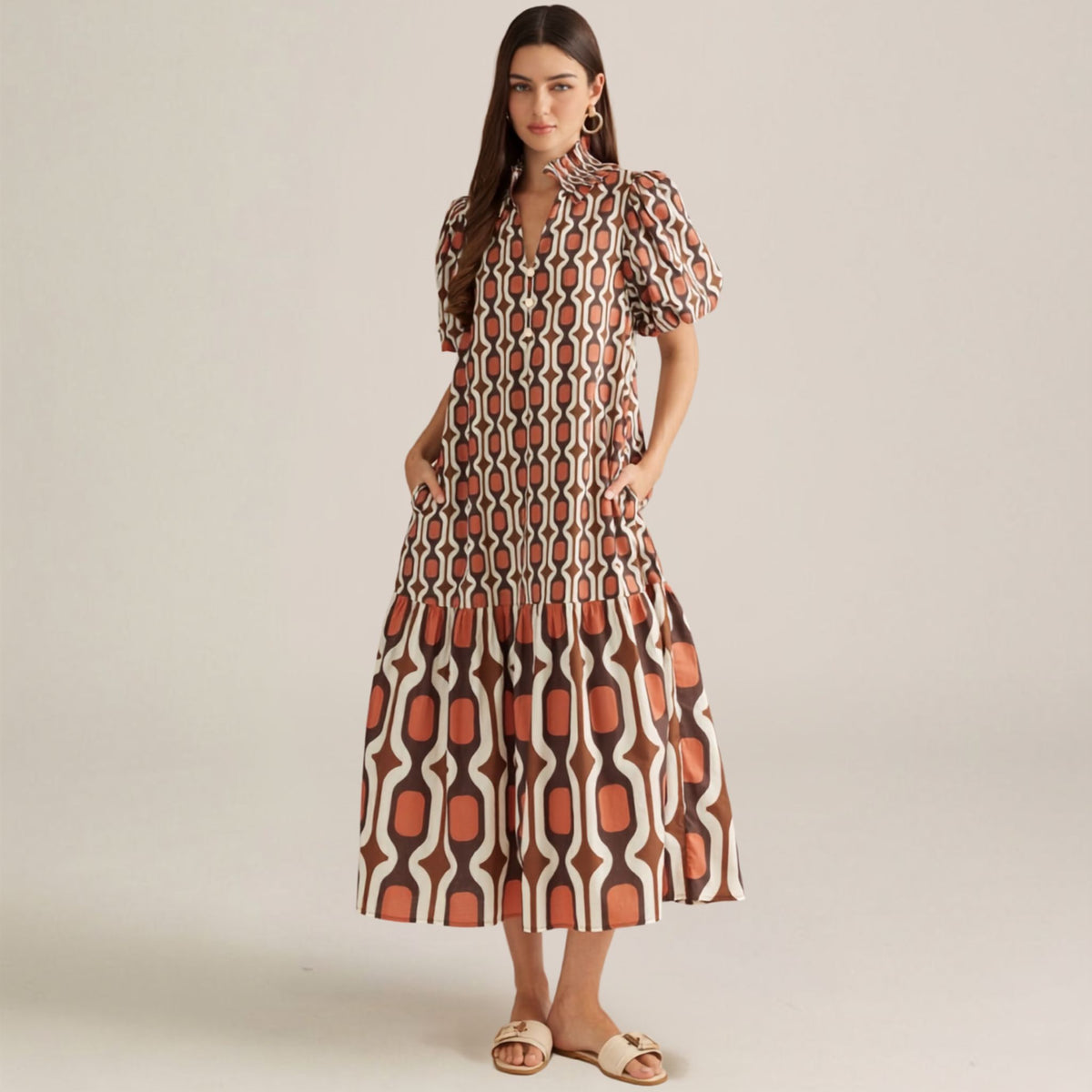 Brown & Cream Geometric Print Puff Sleeve Midi
