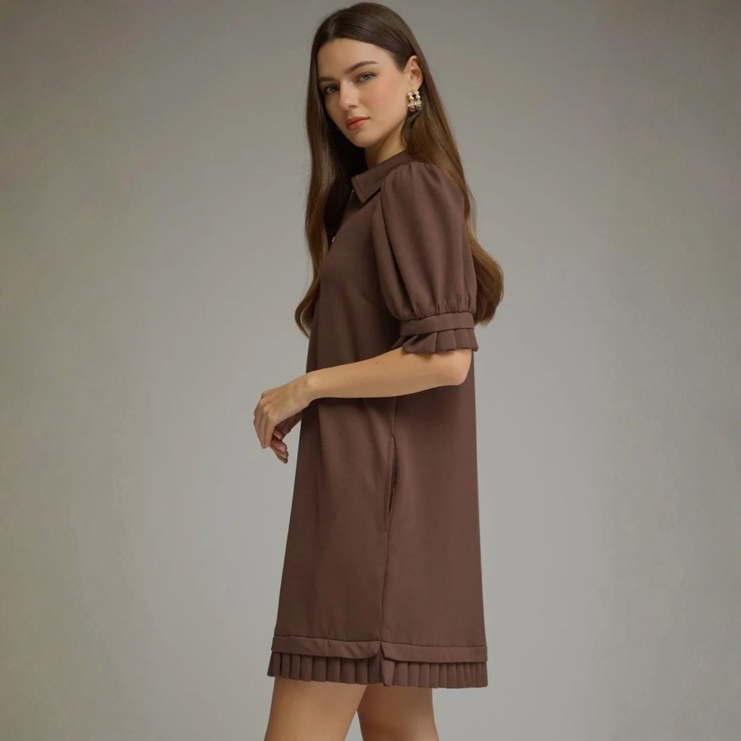 Brown Ruffle Zip-Up Hem Soft Knit Mini Dress, side view