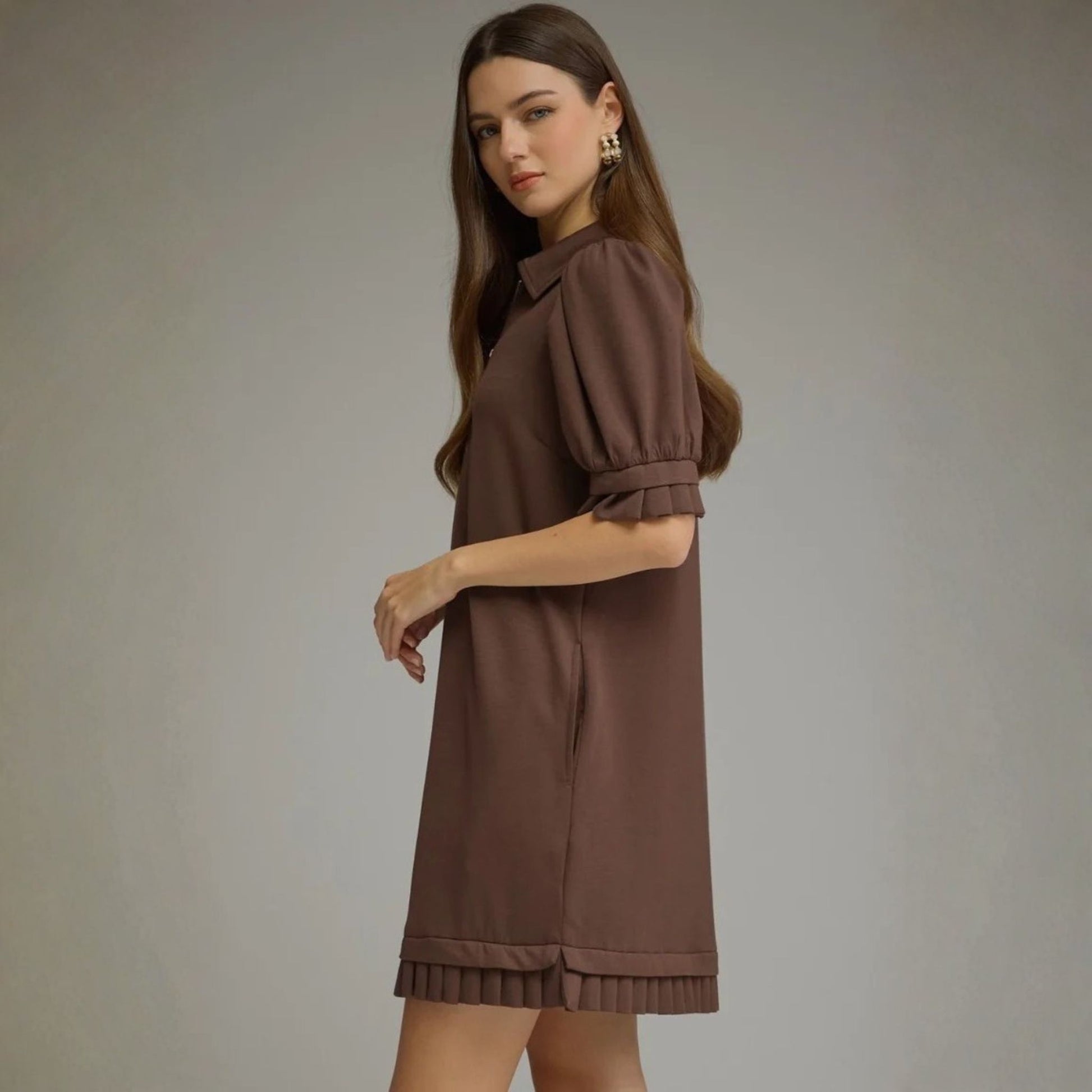 Brown Ruffle Zip-Up Hem Soft Knit Mini Dress, side view