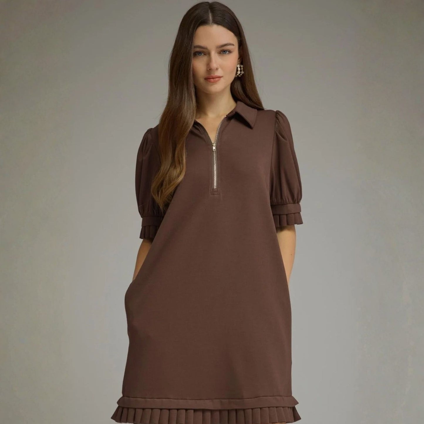 Brown Ruffle Zip-Up Hem Soft Knit Mini Dress, front view