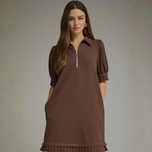 Brown Ruffle Zip-Up Hem Soft Knit Mini Dress, front view