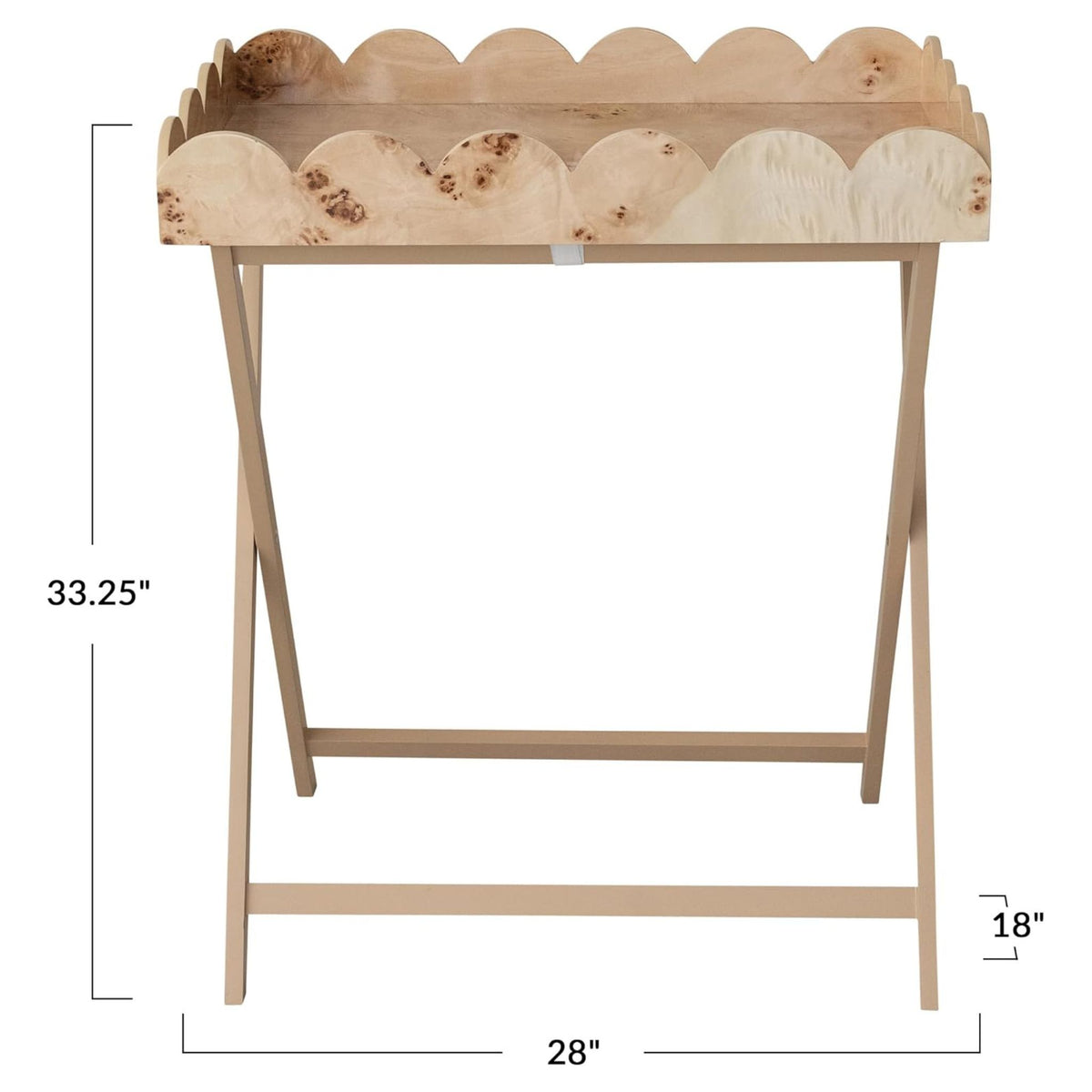 Burled wood folding table with a scalloped tray top, shown with dimension measurements