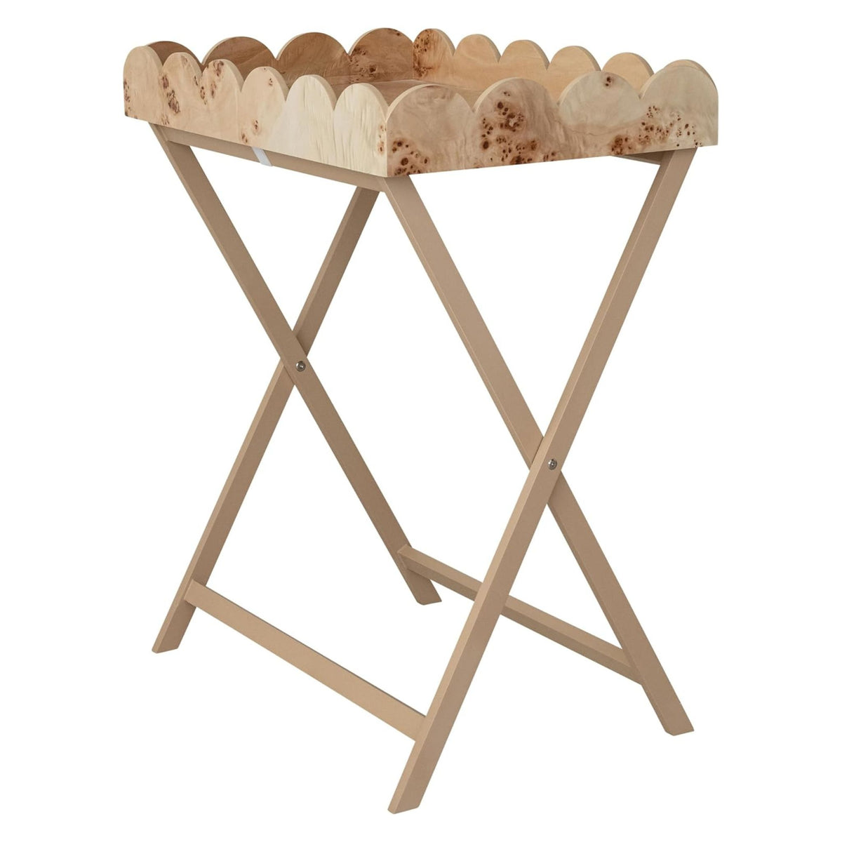 Burled wood folding table with a removable scalloped tray top and X-shaped legs