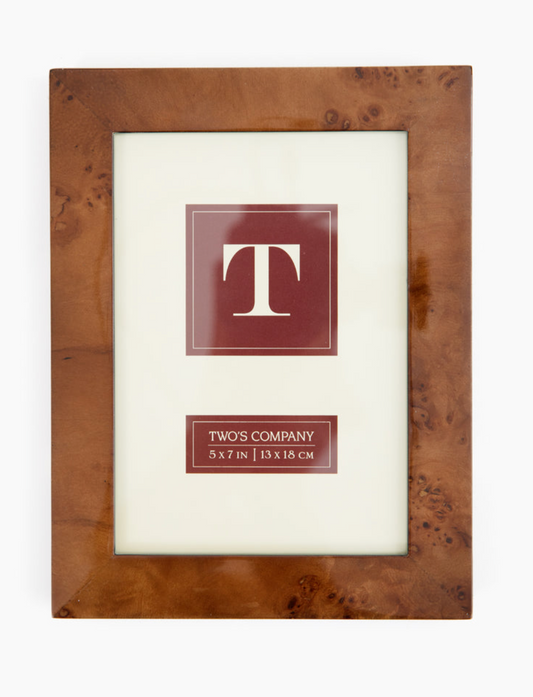 Burled wood photo frame with a glossy, swirling wood grain finish, shown with a photo mat insert