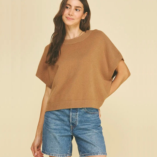 Camel sweater, front view, styled with jeans