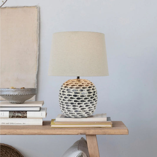 Capiz & Bamboo Table Lamp with Fish Pattern, styled in a room setting